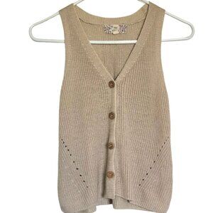 Pink Rose Sweater Vest Womens's XS Tan Wooden Button Knit Cottagecore Peasant